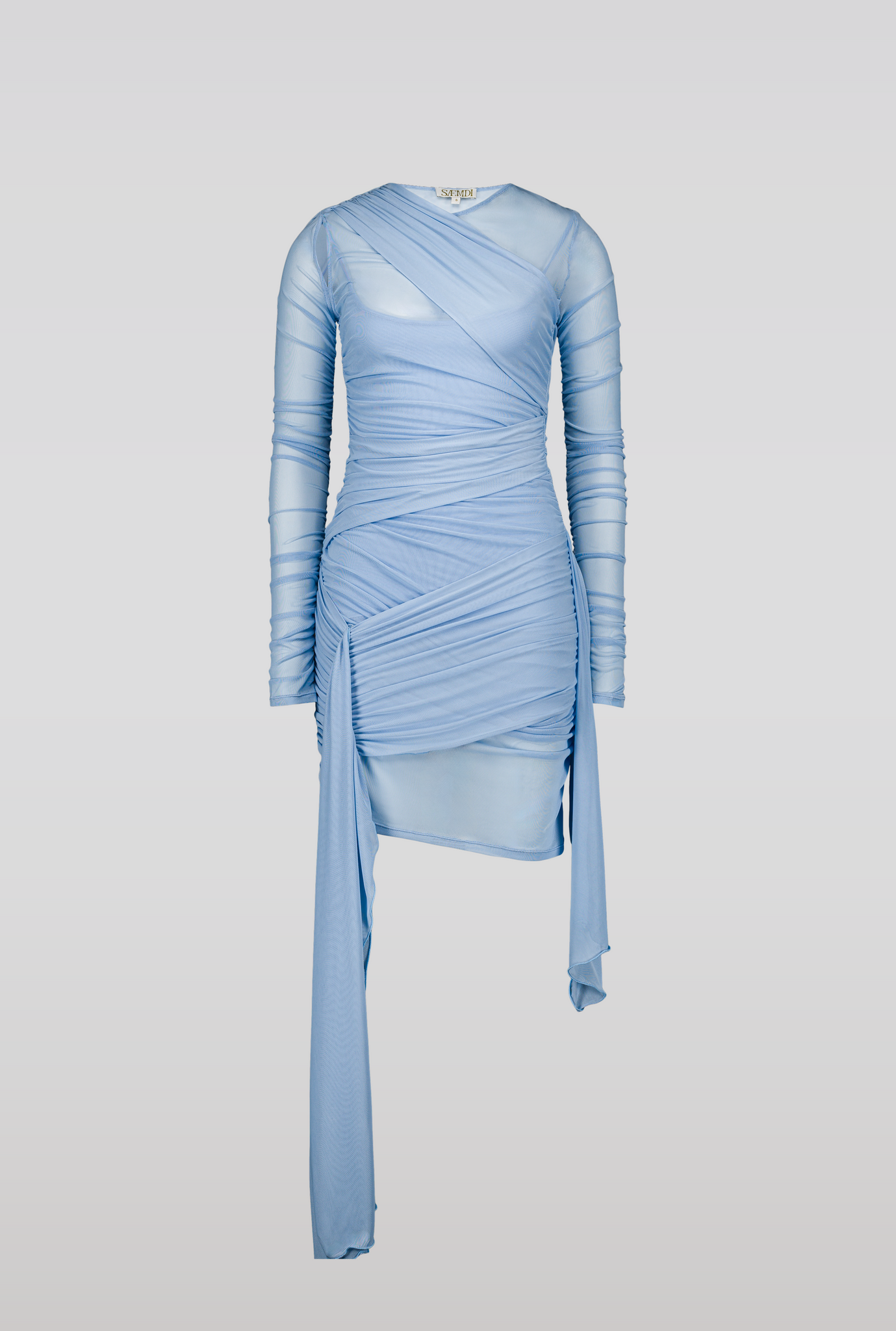 blue mesh dress with sleeves Mac Duggal Women's Embellished Long Flare Sleeve Mesh A-Line Dress - Blue - Size 8