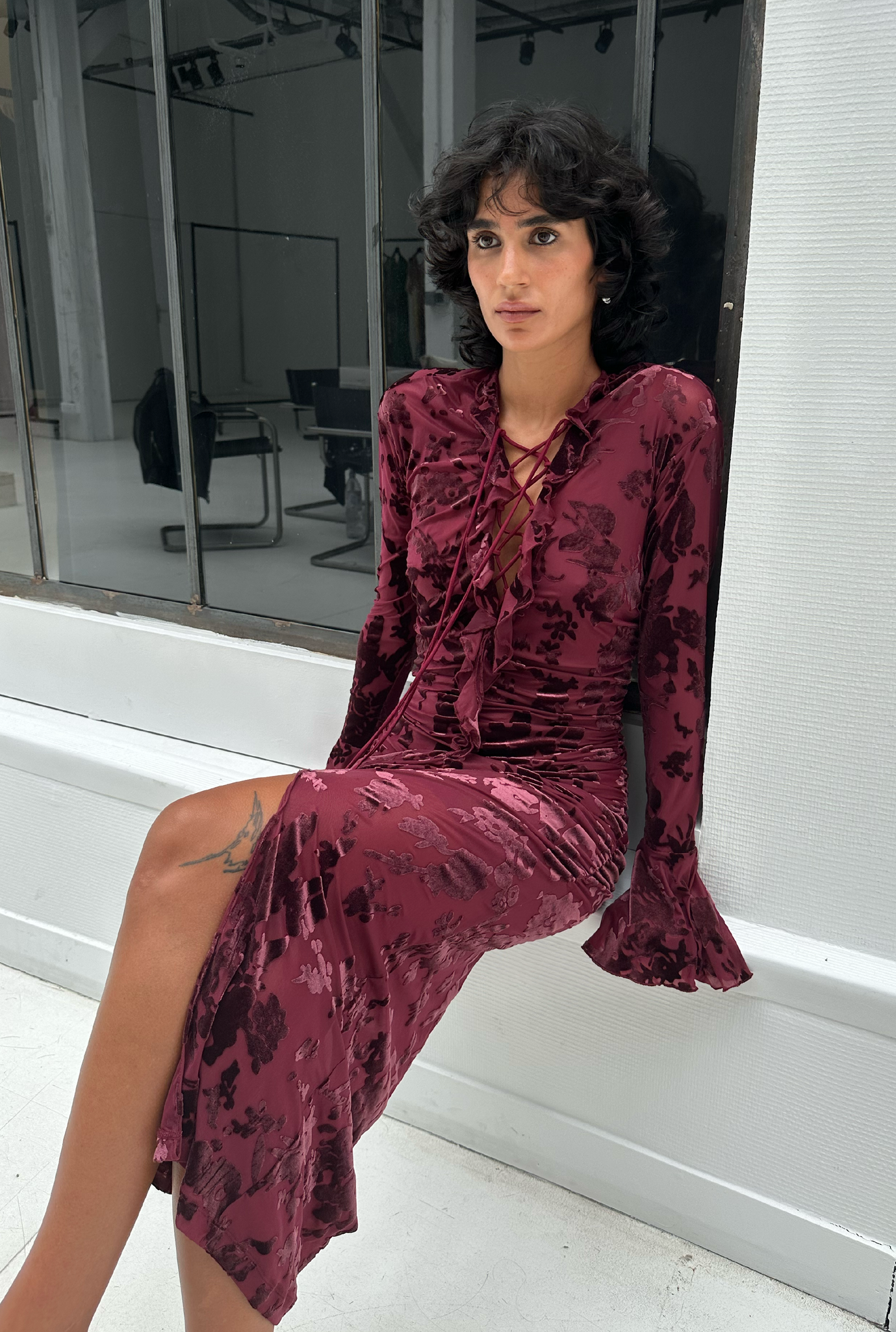 Flocked mesh dress